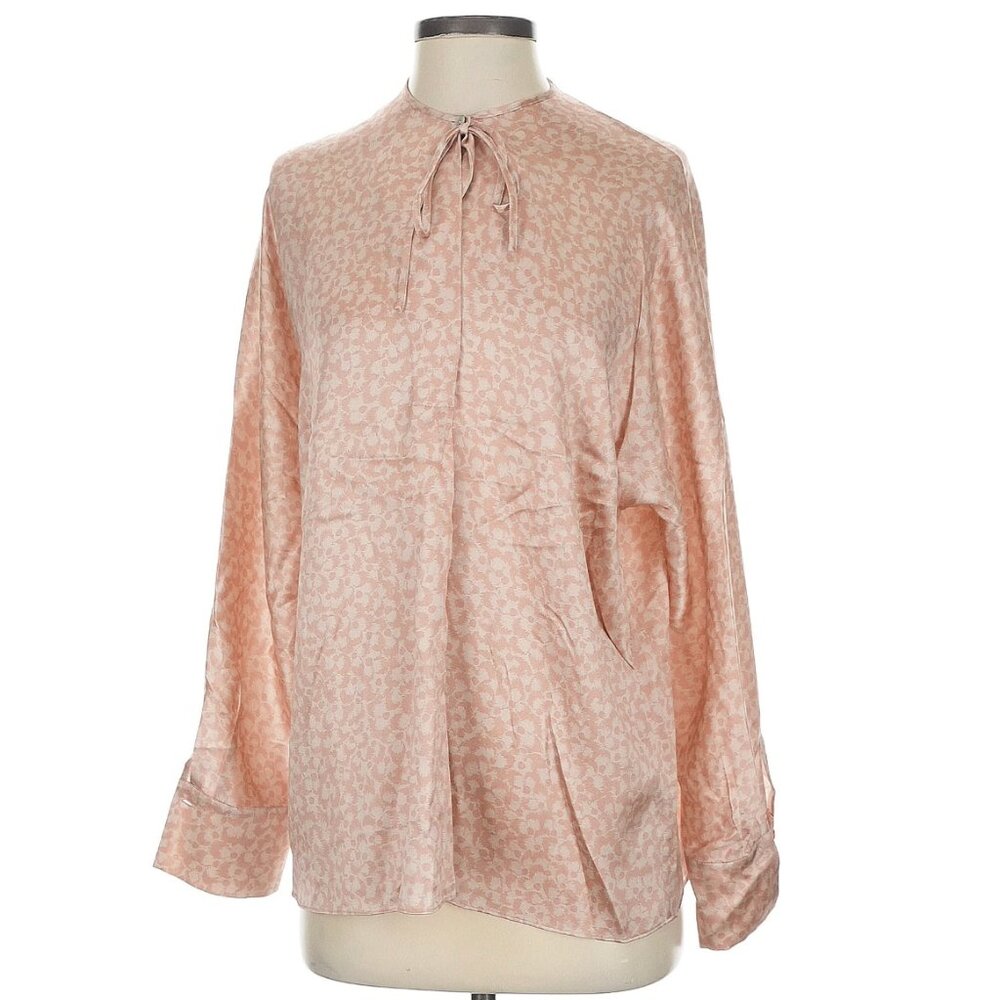 Vince 100% Silk Blouse Blush Pink Petal Floral Print Tie Neck Relaxed Fit Size S